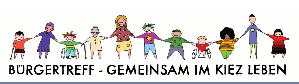Gezeichnete Menschenkette mit Untertitel Bürgertreff -gemeinsam im Kiez leben