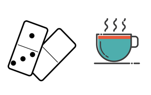 Grafik mit Domino-Steinen und einer dampfenden Tasse.