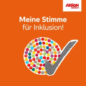 buntes Inklusionslogo mit der Überschrift: meine Stimme für Inklusion