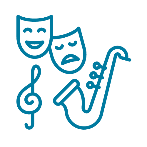Icon: Auf dem Bild ist eine Theatermaske, eine Musiknote und ein Saxophon zu sehen