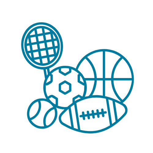 Zu sehen sind ein Basketball, Fußball, Tennisball und ein Tennisschläger.